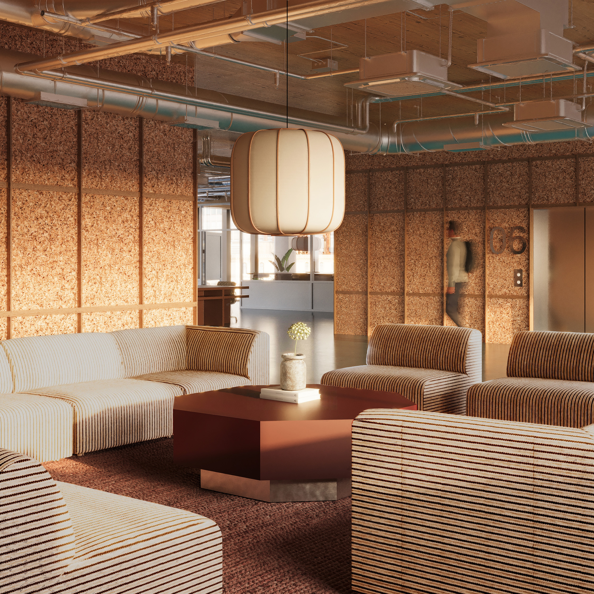 Office lounge with striped seating, cork-clad walls, suspended lantern lighting and exposed timber ceilings.