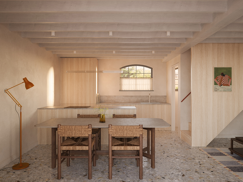 Open-plan kitchen and dining area featuring bespoke oak cabinetry, terrazzo flooring and woven dining chairs.