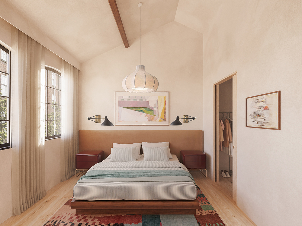 Principal bedroom with vaulted ceiling, arched windows, bespoke joinery and walk-in wardrobe.