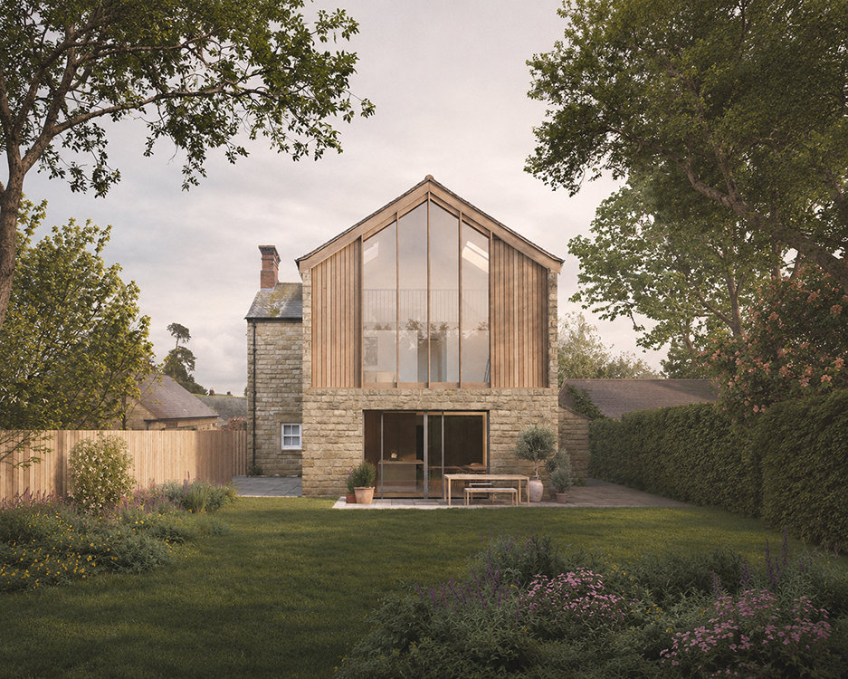 Rear CGI view of a contemporary stone and timber extension to a Derbyshire farmhouse, featuring a double-height glazed gable, natural planting, and a landscaped garden framed by mature trees.