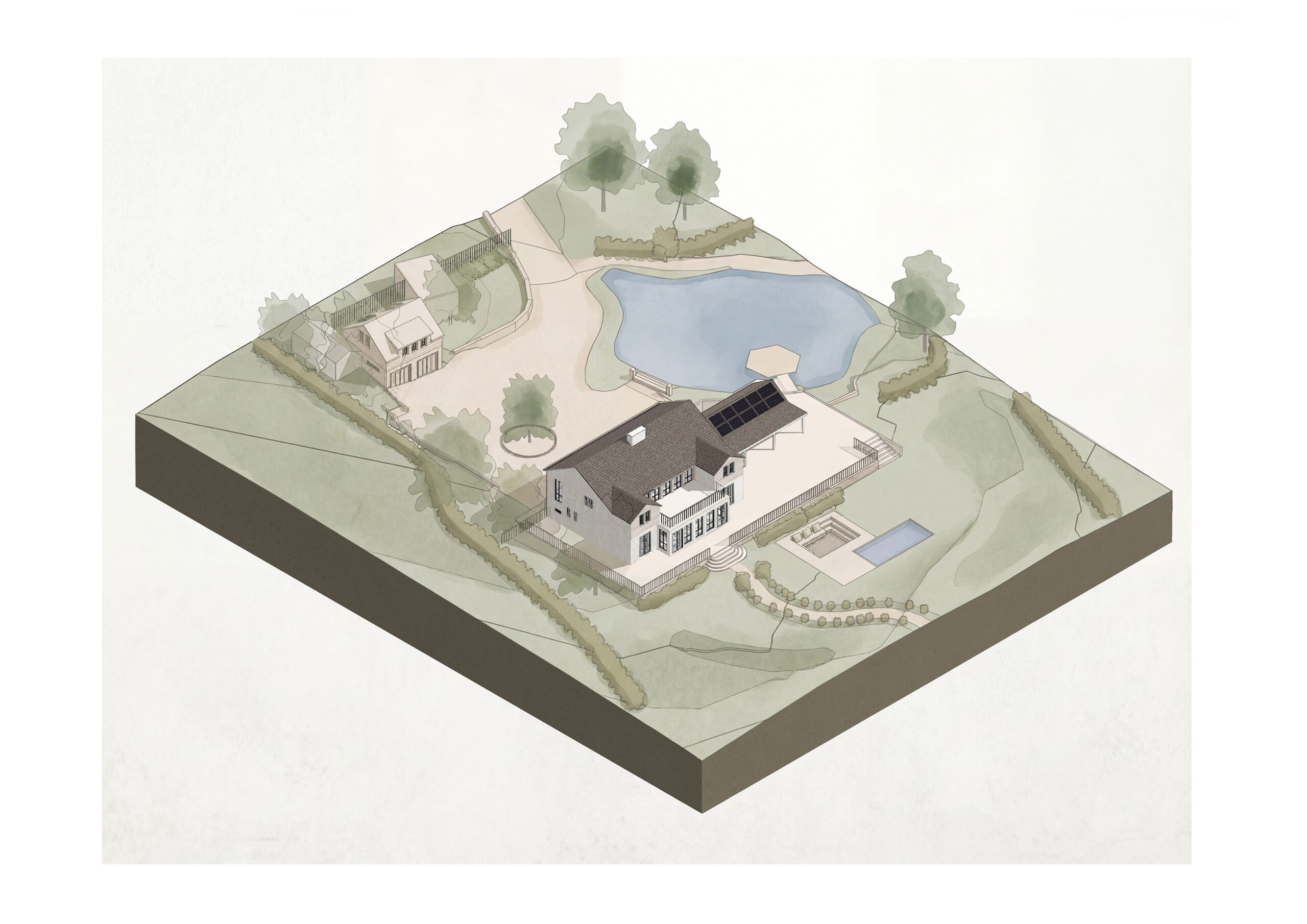 Axonometric site plan of the proposed Swallows Flight retrofit, showing the house, new rear extension, garden buildings, pool and landscaped grounds