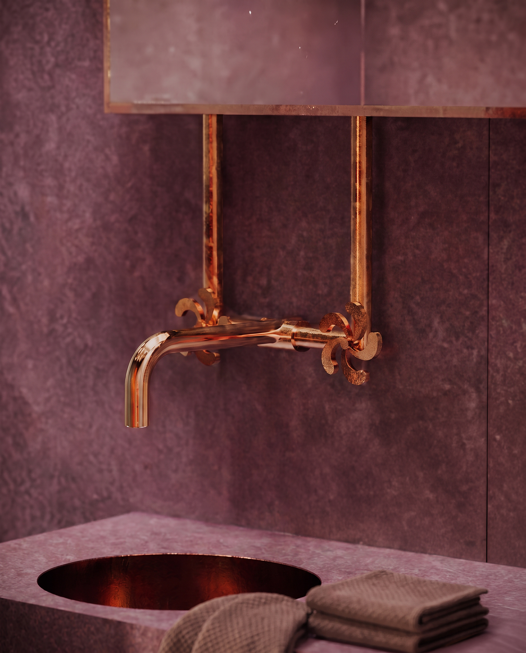 Copper wall-mounted tap above a dark basin, set against a textured plum bathroom wall with folded towels