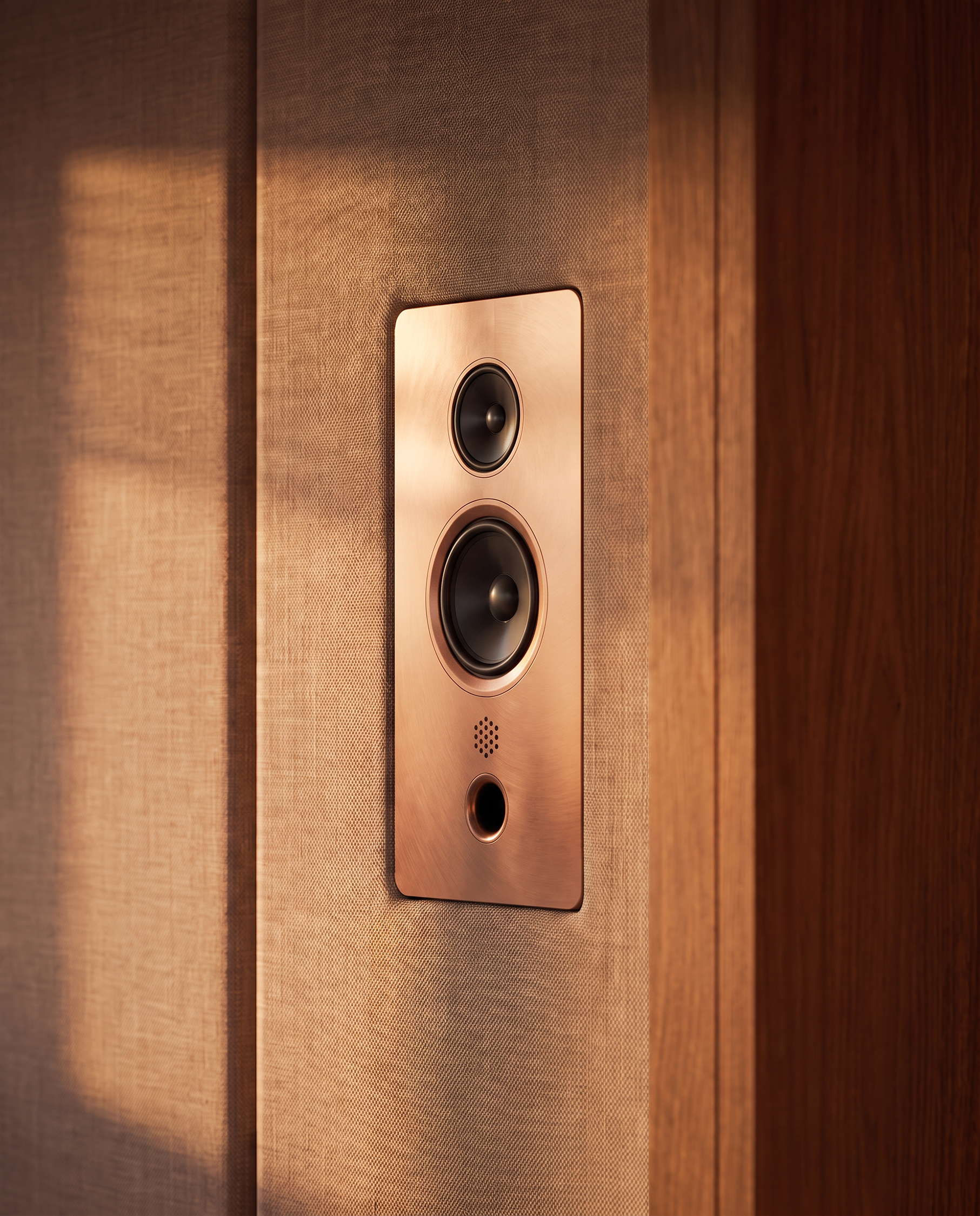 Built-in speaker set into a warm-toned wall panel beside a vertical timber finish
